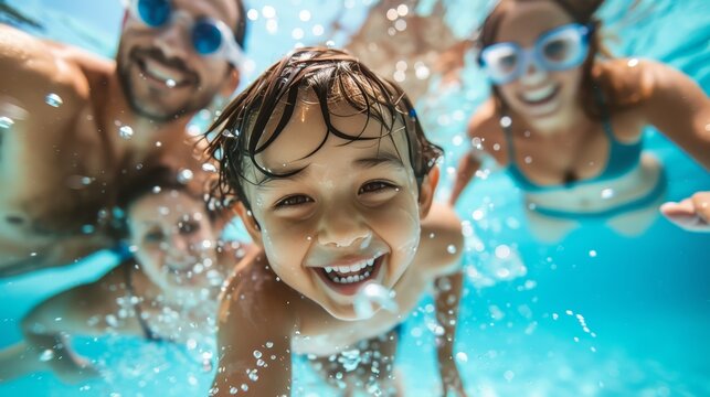 A young boy and his family swim underwater together in a fun filled summer pool adventure - Powered by Adobe
