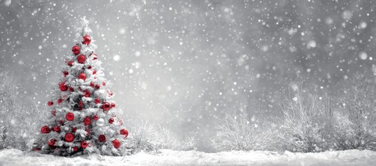 A beautiful and dramatic winter landscape featuring a flocked Christmas tree heavily covered in snow or frost.