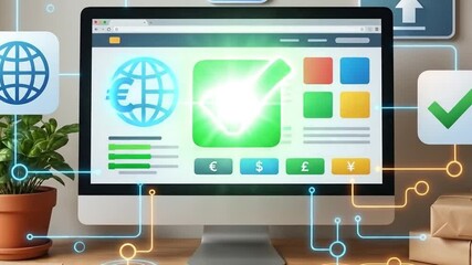 Global Digital Transaction Success on Computer Screen with Secure Online Business Network - Powered by Adobe