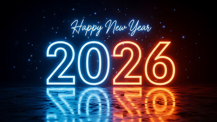 Vibrant neon 2026 happy new year celebration with reflections
