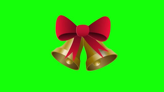 Christmas golden jingle bells with red ribbon bow animation on green screen chroma key for holiday.