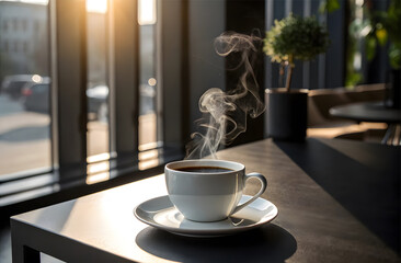 Morning Coffee Bliss: A steaming cup of coffee sits on a dark table beside a window with sunlight, evoking a sense of tranquility and a perfect moment of relaxation and contemplation.