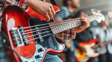 Energetic rock band performance  close up of guitarist with bass and drums in the background