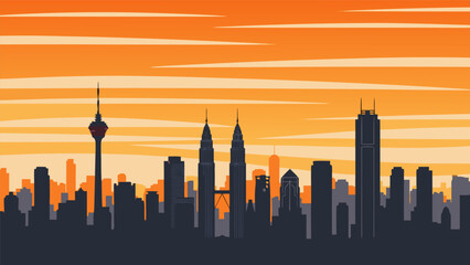 Obraz premium Malaysia's Skyline Vector Silhouette of Kuala Lumpur's Iconic Skyscrapers and Sunset Sky