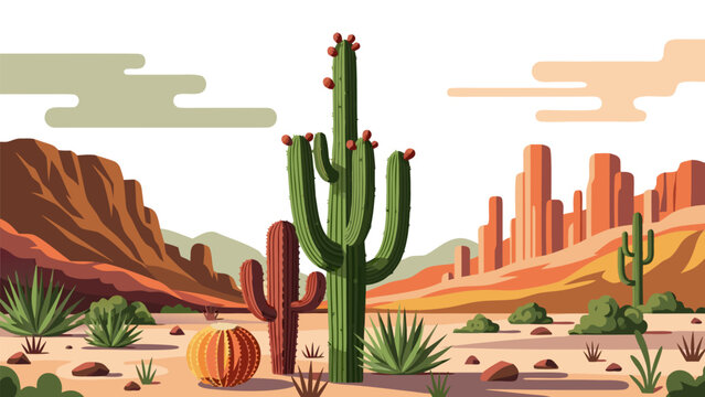Desert Landscape with Cacti and Red Rock Formations Illustration