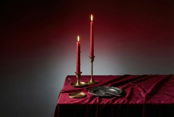 Two tall red candles lit in brass candlesticks on a table covered with rich, velvety maroon fabric, next to a pewter plate and fork with dramatic red lighting.