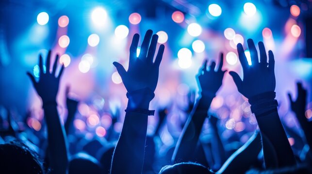 Vibrant rock concert scene  enthusiastic crowd celebrates amidst dazzling bright lights