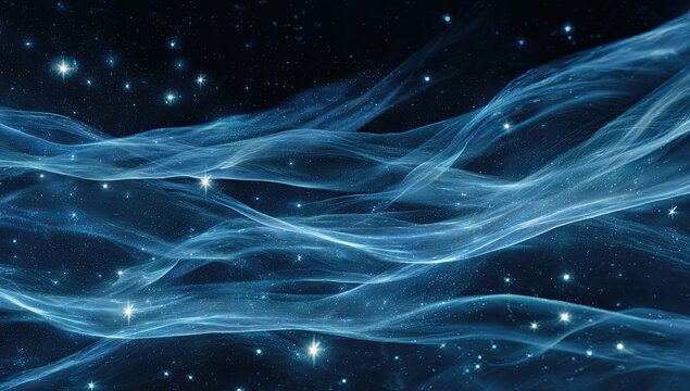 Abstract blue flowing light ribbons and sparkling stars in a dark, starry cosmos - Powered by Adobe