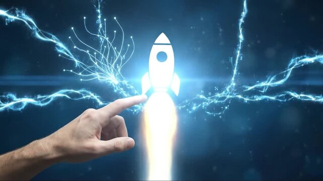 Digital Rocket Launch Activation: Hand Touching Glowing Icon with Energy Streams for Business Innovation
