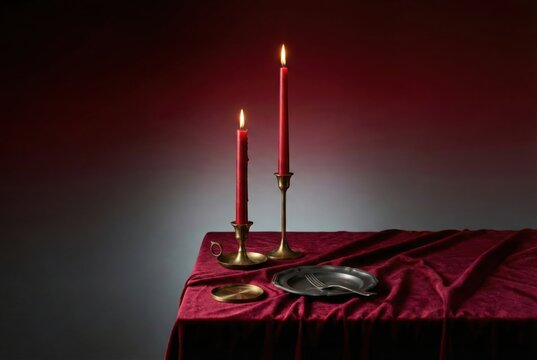 Two tall red candles lit in brass candlesticks on a table covered with rich, velvety maroon fabric, next to a pewter plate and fork with dramatic red lighting.