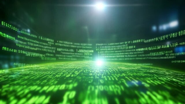Digital data realm: An immersive digital landscape of binary code and luminous light suggests infinite possibilities in the world of technology. This visualization captures data flow.