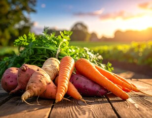 A vibrant collection of freshly harvested root vegetables with leafy greens on a rustic wooden surface at sunset