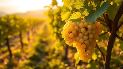 torrontes. Sunlight through morning mist on a cluster of white grapes in a vineyard. bar promotions, beverage menus, designed for food & beverage menus and cafe branding, enhances appetite appeal.