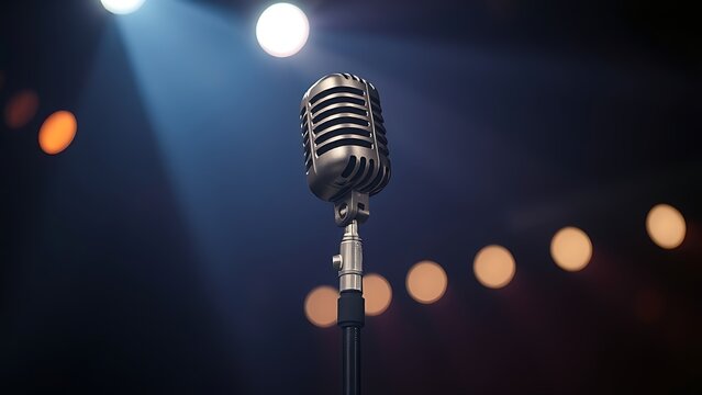 gig. A vintage microphone under a dramatic spotlight on a dark stage, evoking a nostalgic concert vibe. event programs, museum guides, designed for cultural heritage projects and event programs.