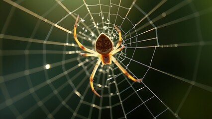 lemuria. A spider mending its intricate web with glistening threads in morning light. wildlife magazines, conservation campaigns, designed for eco-tourism storytelling, used by motion designers.