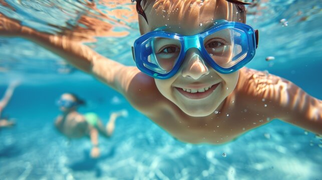 A young boy enjoys summer vacation swimming underwater with his family in a pool