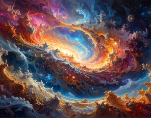 A vibrant cosmic artwork displays a swirling nebula with bright colors, resembling an eye. Celestial bodies are present