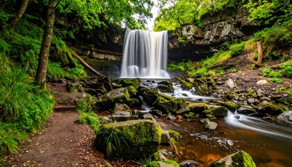 Waterfall cascading into a pool, surrounded by lush greenery