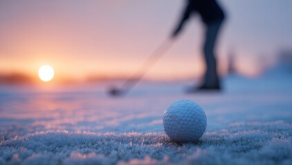 A golf ball sits on frosty ground with a blurred golfer preparing to swing at sunrise