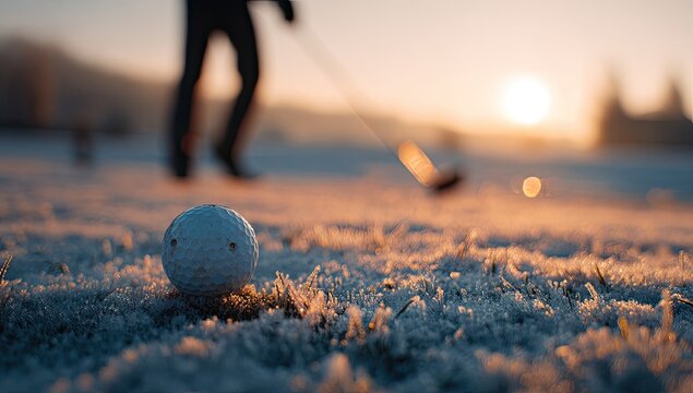 Golf ball on frosty grass at sunrise with a golfer preparing to swing in background