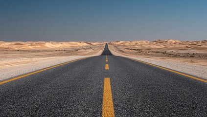 Long, straight asphalt road extends through arid desert landscape under a clear sky