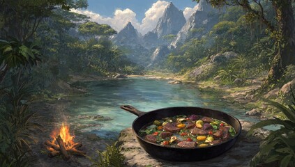A cast iron pan of meat and vegetables simmers by a campfire near a river in a lush jungle with mountains