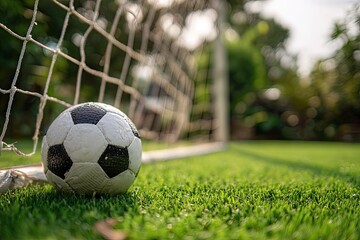 Classic soccer ball rests on vibrant green grass near a blurred goal net outdoors