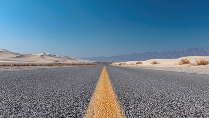 Desert road with yellow line stretches through sand dunes towards distant mountains