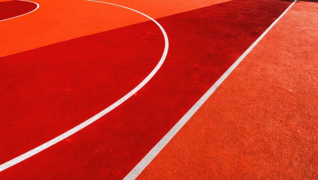 Close-up, high-angle view of a vibrant red-orange sports court with white lines