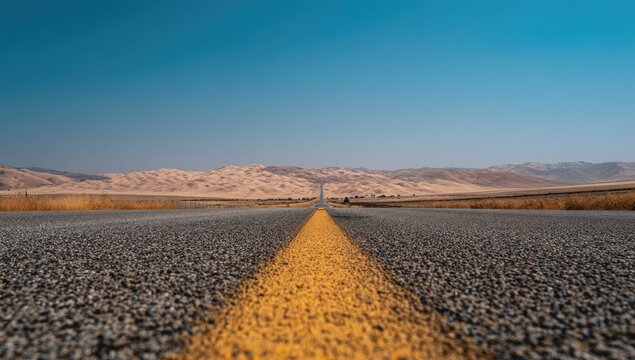 Long, straight road with yellow line stretches into desert horizon under blue sky