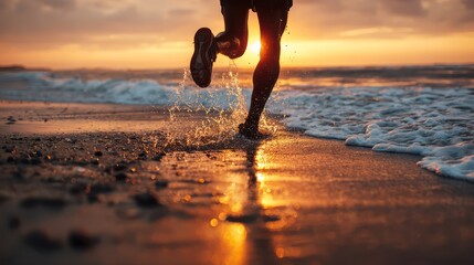 Silhouette of Active Man Jogging on Shore at Dusk