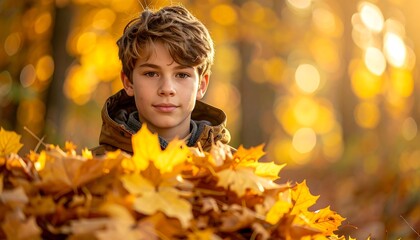 Young boy smiles while partially hidden by a pile of autumn leaves in golden hour