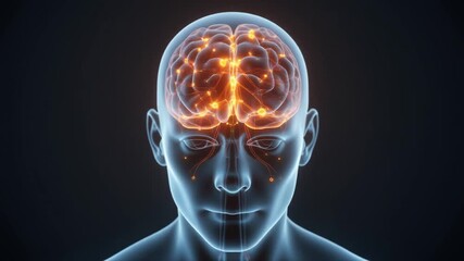 Human head with glowing brain activity representing intelligence and thought processes. - Powered by Adobe