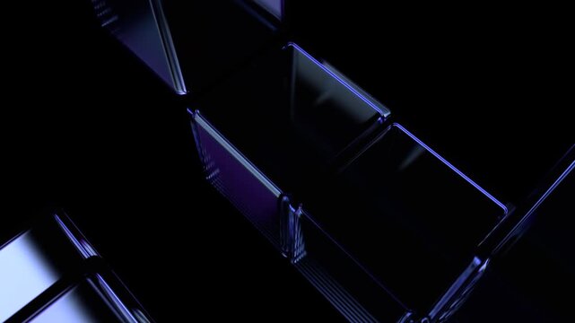 Abstract animation, purple glass cubes on black background, 4k seamless looped video, 3d render