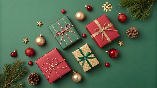 Overhead shot of christmas gifts and ornaments on a green background arranged in a festive manner