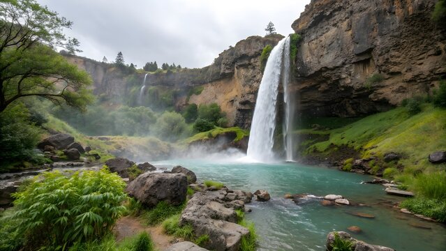  A scenic view of a waterfall cascading into a turquoise pool surrounded by lush greenery and rocks