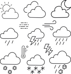 Hand drawn doodle set of weather icons for forecast