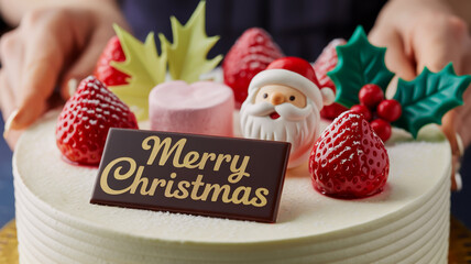 Delicious christmas cake decorated with strawberry, santa figure, and chocolate plaque
