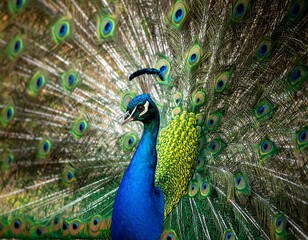 Fototapeta premium A vibrant peacock displaying its iridescent feathers. Close-up of blue head