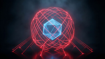 Impenetrable Fortress: Neon Crimson Laser Grid Protecting Blue Data Core