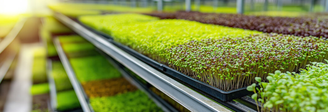 Vibrant collection of microgreens growing in a greenhouse reflects the beauty of nature and sustainable agriculture practices in action during daylight hours