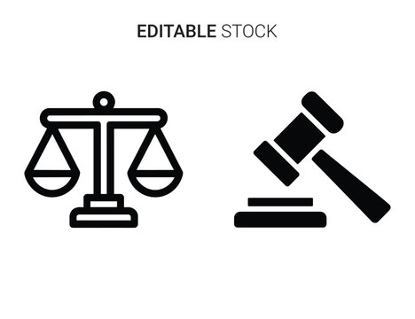Beautiful silhouette vector of black and white icon set of justice scale and gavel isolated on