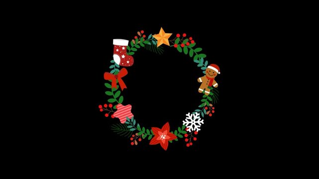 CHRISTMAS wreath animation with gingerbread man and stocking on Transparent background.