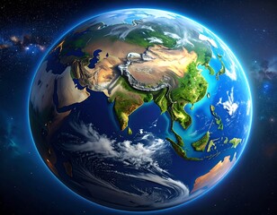 A vibrant, detailed depiction of planet Earth, emphasizing Asia, surrounded by a starry cosmic background and bright blue oceans