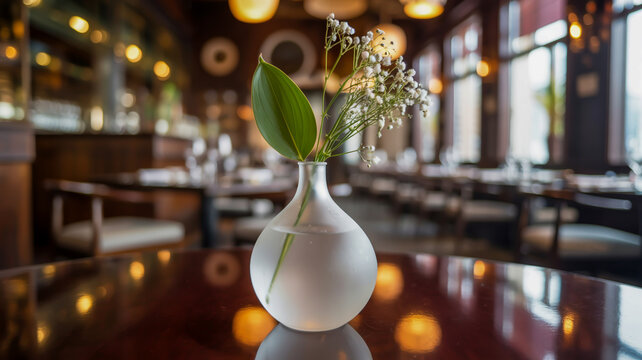 Elegant frosted glass vase with small white flower arrangement on dark table
