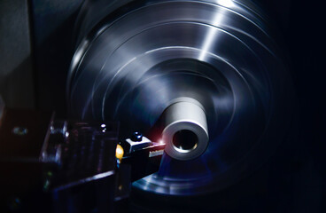 Spindle cutting tool Rotary 5-axis CNC milling machine during deburring of engine parts, heavy industry plan	