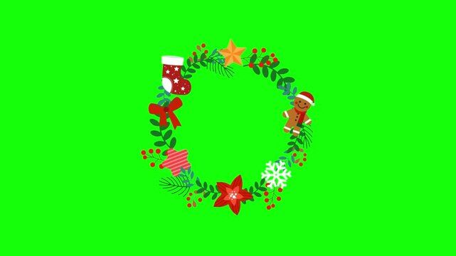 CHRISTMAS wreath animation with gingerbread man and stocking on Transparent background.