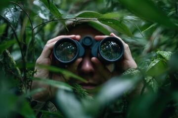 Hands Holding Binoculars Spotting in a Vivid Forest