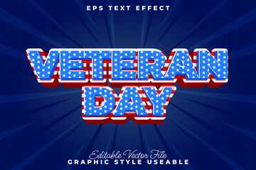 Vibrant Veteran Day text effect with patriotic stars and stripes 3D style, an editable graphic asset for holiday designs and remembrance events