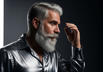 Handsome stylish senior man with grey beard posing in profile wearing metallic silver shirt, looking confident and groomed, dark studio background.